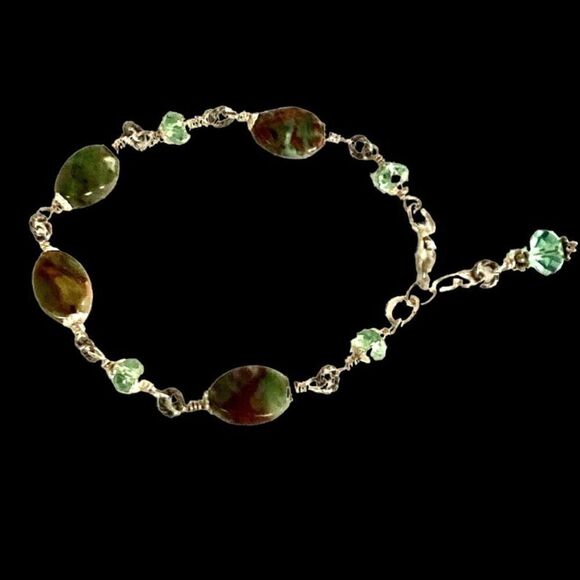 MK# Green & Brown Agate & Sterling 925 Silver Bracelet - Picture 8 of 9
